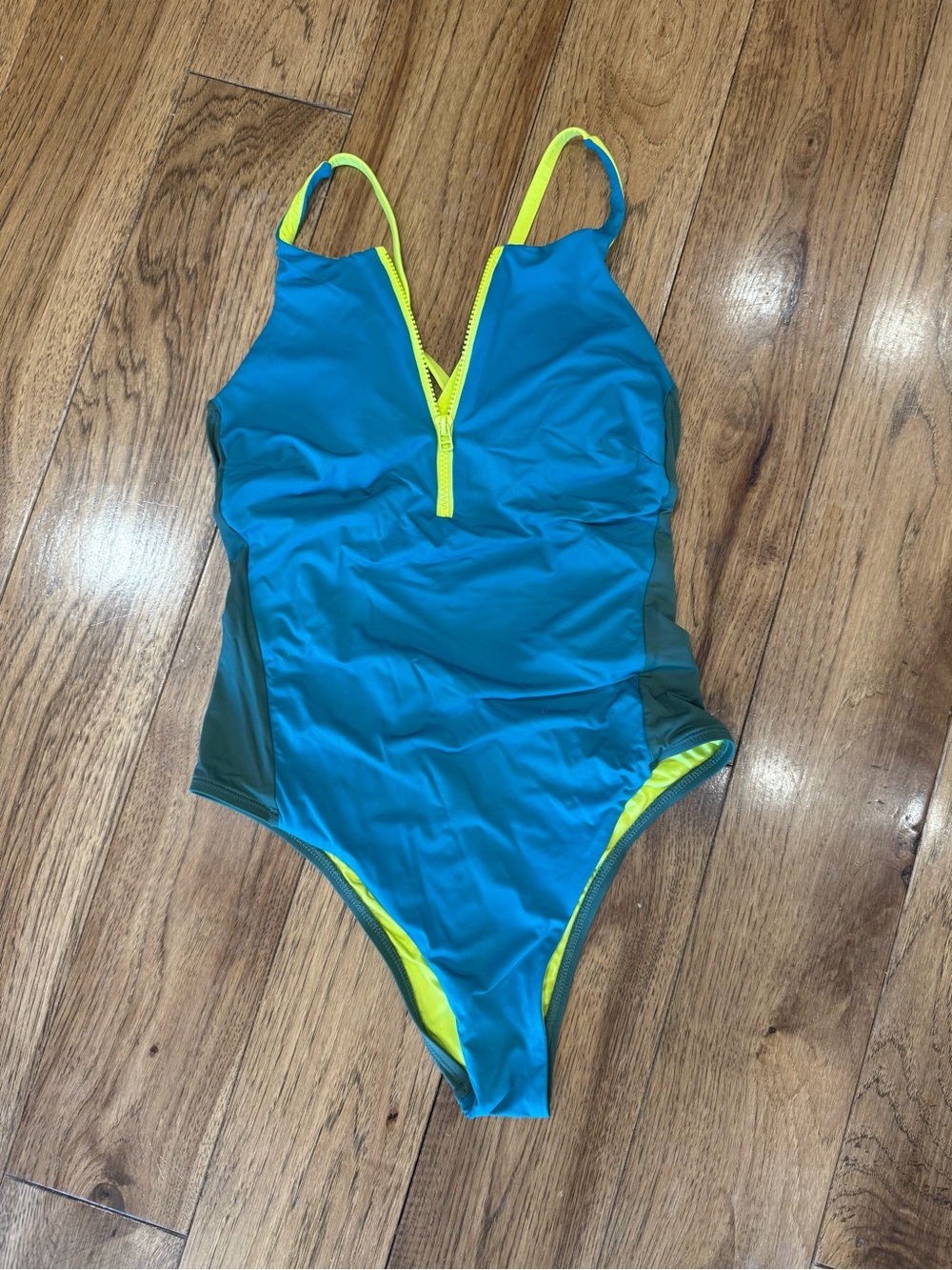 BCBGeneration Teal One-Piece Swimsuit with Neon Yellow Trim